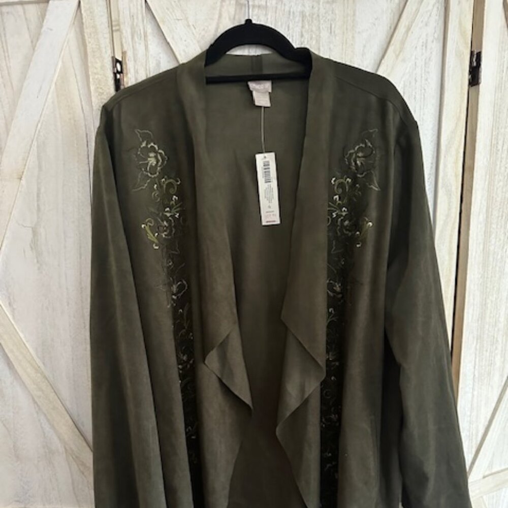 SOLD CHICO'S Sage Faux Suede Drape Jacket w/embroidered detail-NEW with TAGS